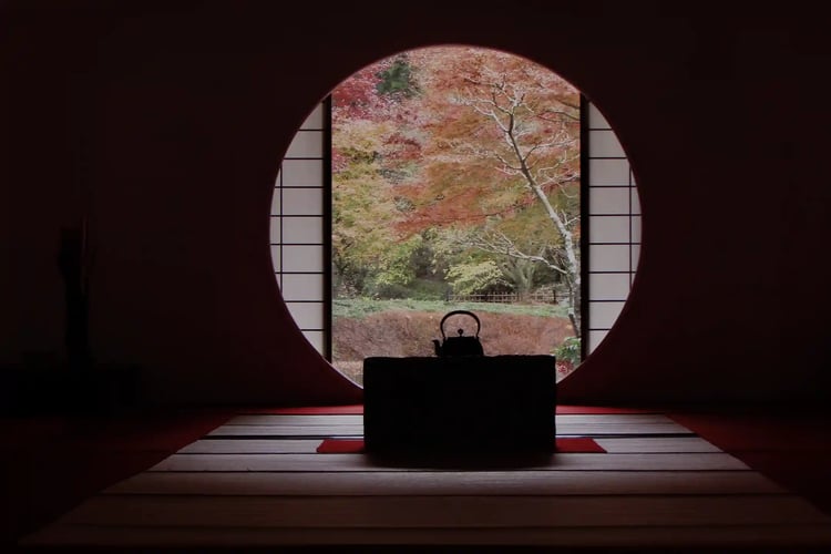 Autumn foliage viewed from the teahouse at Meigetsu-in Temple in Kita-Kamakura