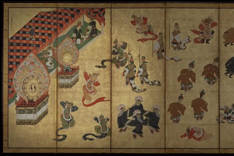 Bugaku Dancers - screen by Kano Yasunobu
