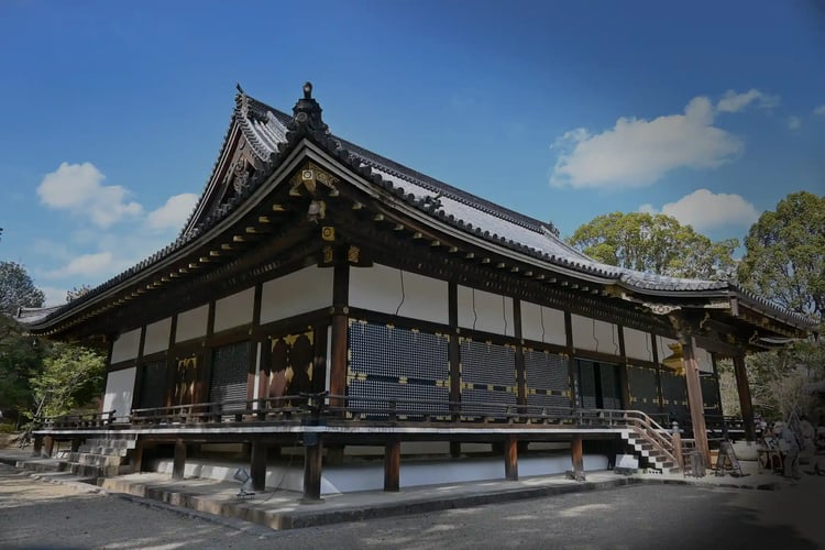 The National Treasure Golden Hall of Ninna-ji Temple, a World Cultural Heritage site in Kyoto, in spring