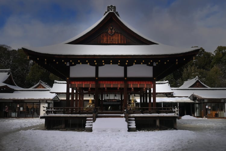 Shimogamo Shrine_s Maidono Hall in Kyoto, a World Heritage site with lingering snow