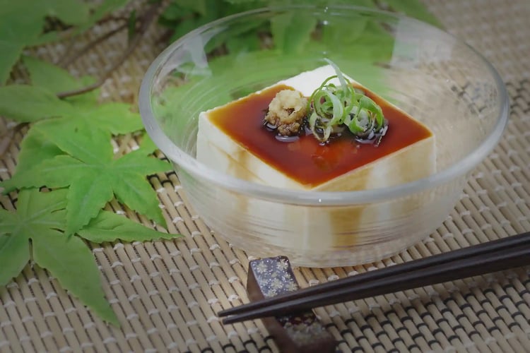 Chilled Tofu Served in a Glass with a Maple Leaf