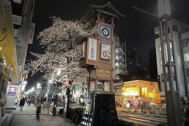 The night scene of Ningyocho_s bustling district in Tokyo