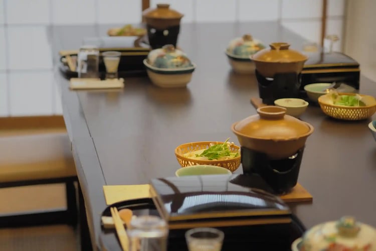 A table prepared for a kaiseki dinner