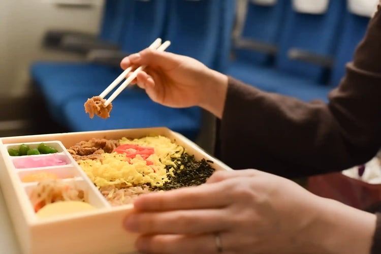 A person eating ekiben (bento box) on a Shinkansen (bullet train)