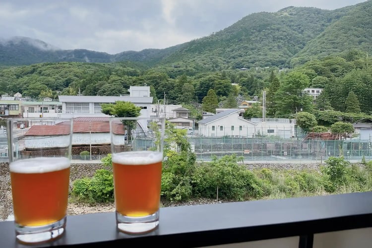 Viewing the Hakone scenery while drinking beer