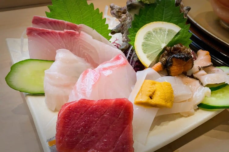 Sashimi from a sea urchin rice bowl set meal eaten in Iki, Nagasaki Prefecture