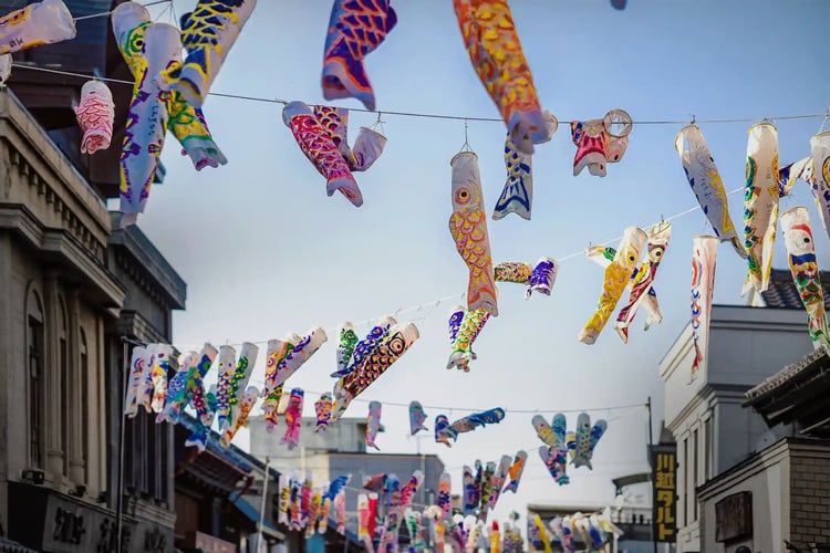 A shopping street lively with koinobori