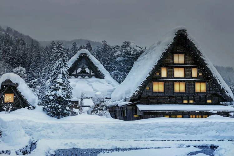 Gassho-zukuri houses in an old mountain village in Japan