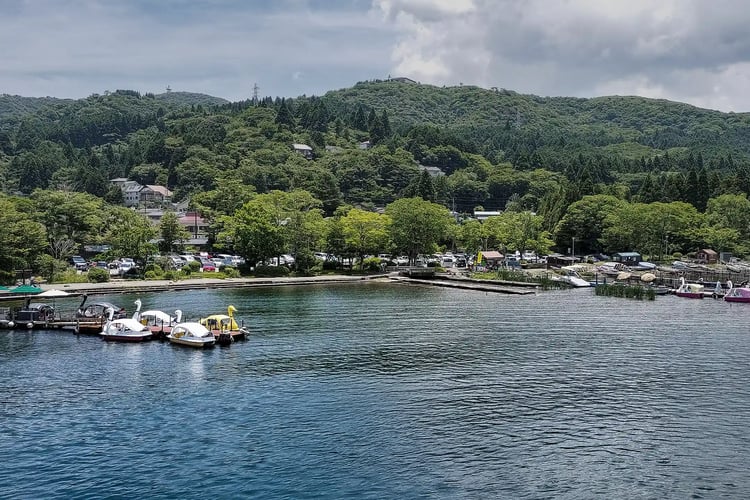 The pier at Hakone-machi Port seen from the Hakone Pirate Ship on Lake Ashi