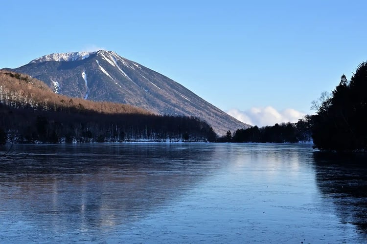 Mount Nantai viewed from Lake Yunoko in winter