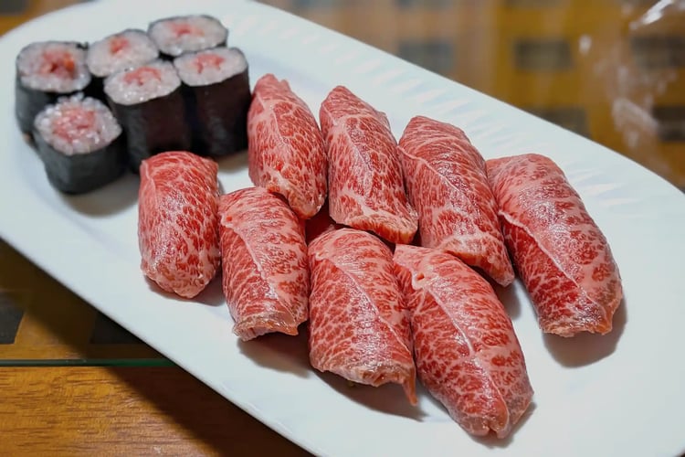 High-grade wagyu beef nigiri sushi and tekka maki
