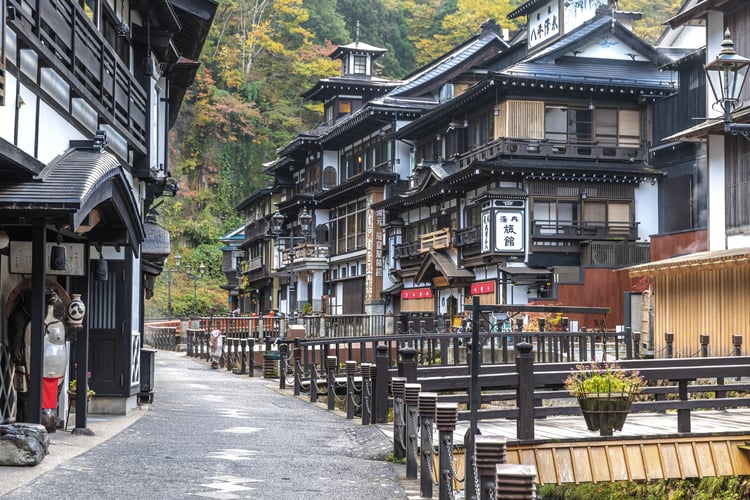 The streetscape of Ginzan Onsen in Yamagata Prefecture
