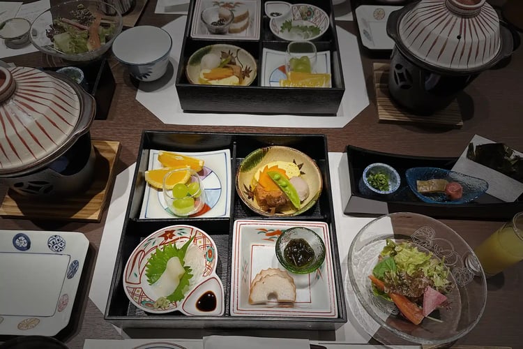 A gourmet breakfast at a traditional Japanese inn