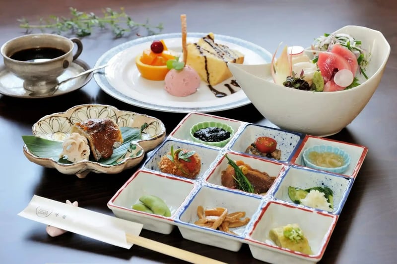 Japanese dishes and sweets served at a ryokan