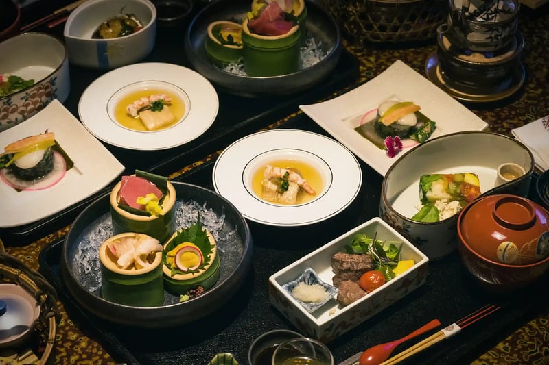 A kaiseki dinner served at a ryokan