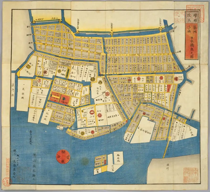 [Edo Sectional Picture Map] - A Map of the Areas of Tsukiji, Hatchobori, and South of Nihonbashi