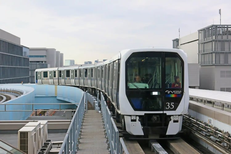 A train running on the Yurikamome line near Toyosu Market