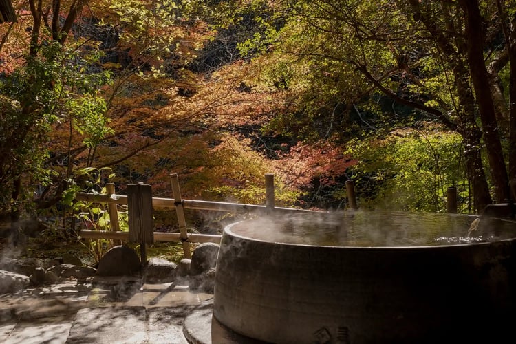 The view of autumn leaves from an open-air bath