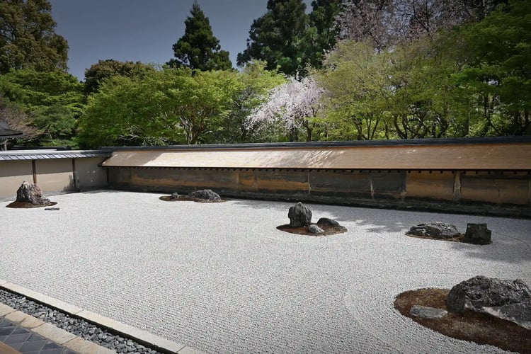The Rock Garden at Ryoan-ji Temple, a UNESCO World Heritage Site in Kyoto, during spring