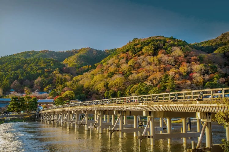 Togetsukyo Bridge in Arashiyama, Kyoto during autumn