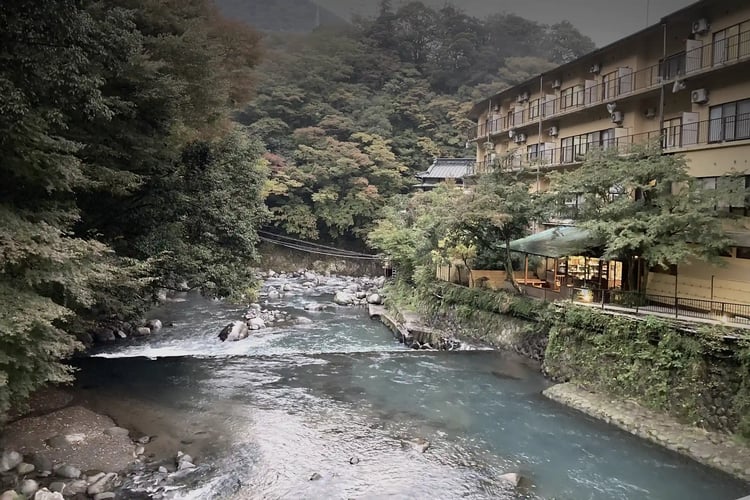 Hayakawa River and a ryokan (hot spring inn) in Hakone