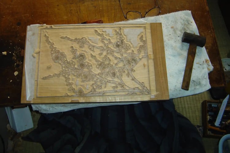 Block used to produce woodblock prints, Ukiyo-e workshop, Tsukuba, Japan