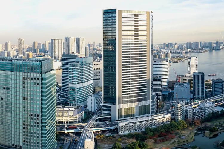 The cluster of waterfront buildings viewed from the Seaside Top Observatory of the World Trade Center Building, just before its closure
