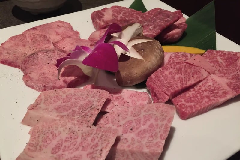 Thin slices of A5 wagyu arranged for yakiniku