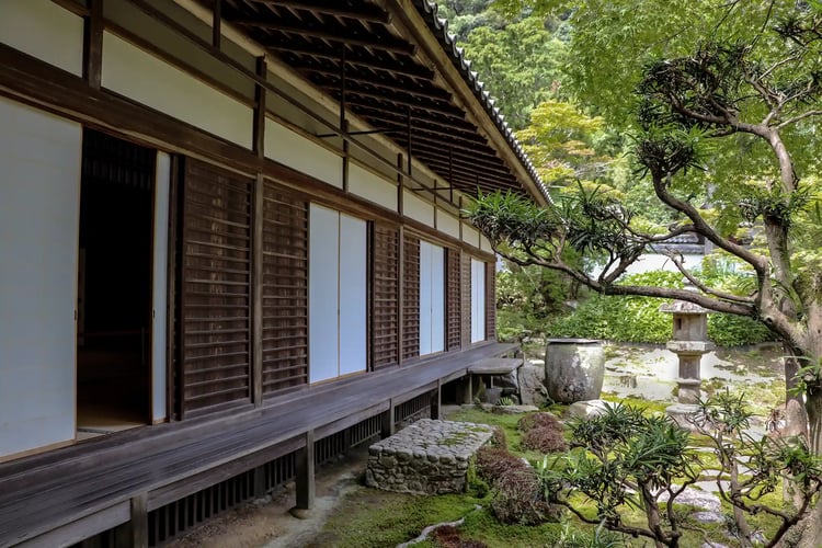 The ancient wooden structures and lush Japanese garden remaining at Yamadera Temple