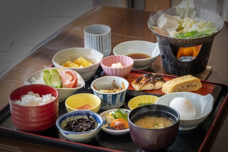 A generouslavish Ryokan breakfast with many dishes