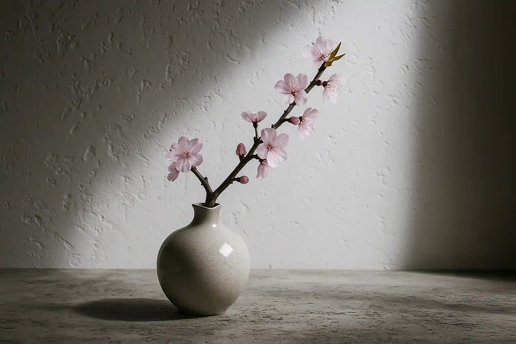 A single flower placed on a piece of white cloth or washi paper, set in the corner of a desk or on a shelf
