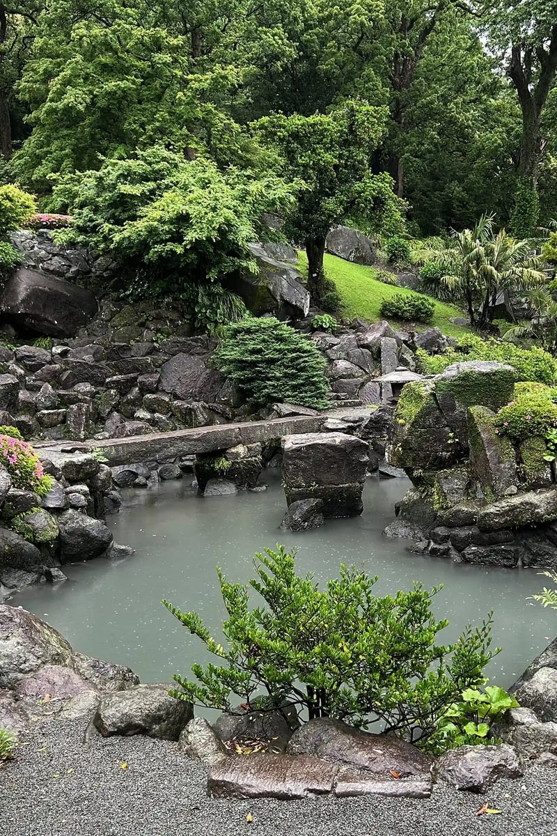 The pond in Sengan-en Garden on a rainy day