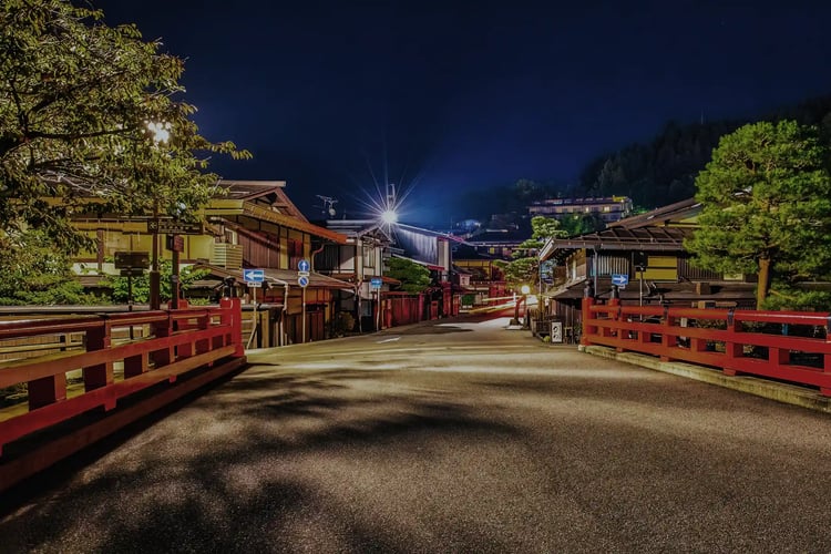 The old townscape and Nakabashi Bridge in Takayama at night