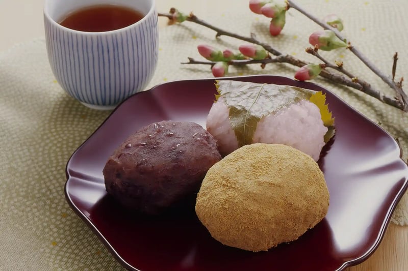 Ohagi (sweet rice balls coated with red bean paste and kinako) and Sakura Mochi (cherry blossom rice cakes)