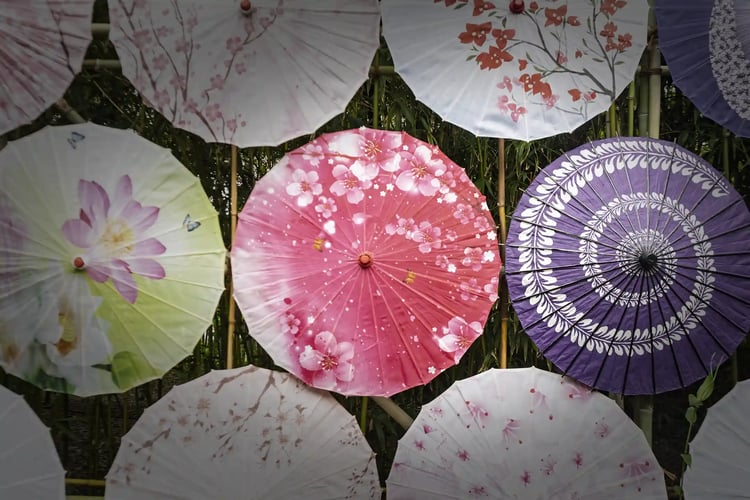 A Dance of Layered, Colorful Japanese Umbrellas