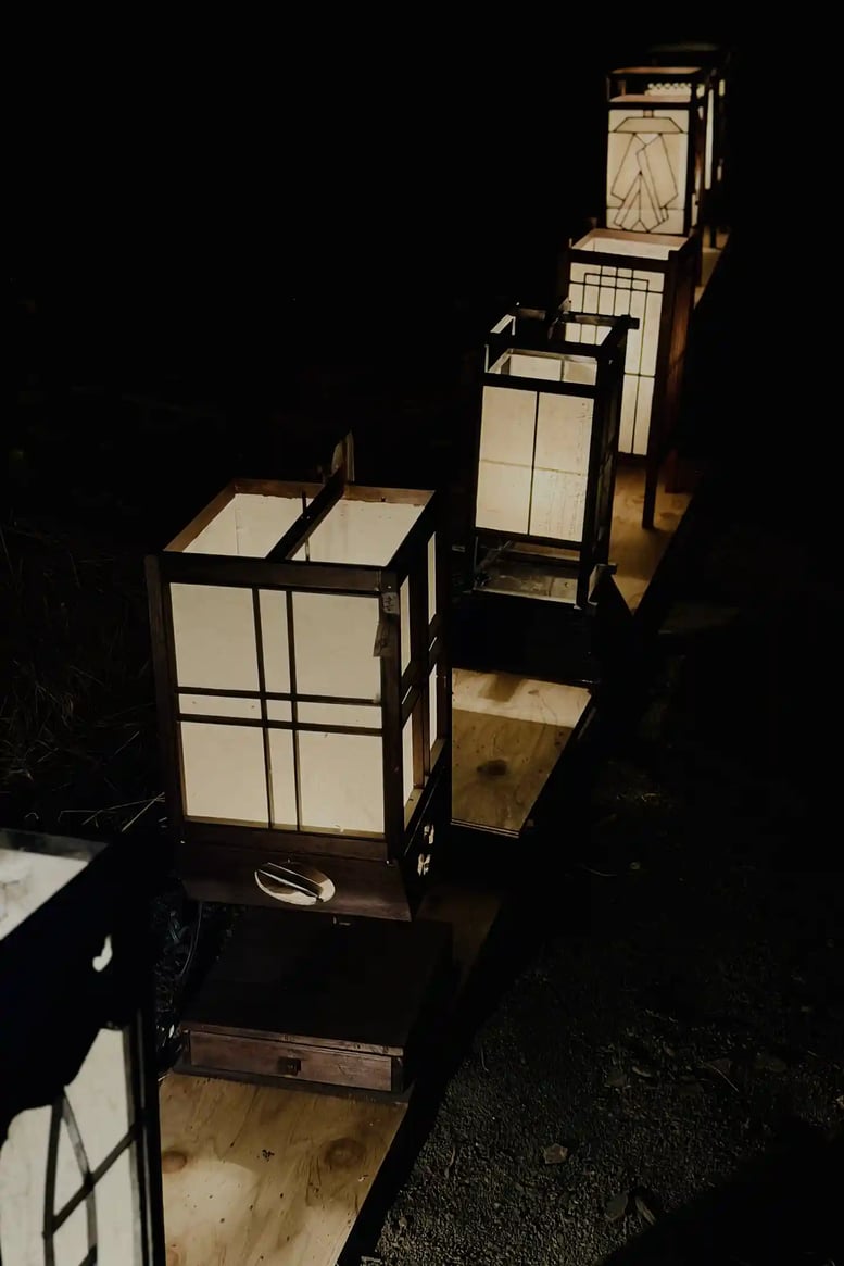 A magical night path illuminated by rows of glowing Japanese Andon lanterns