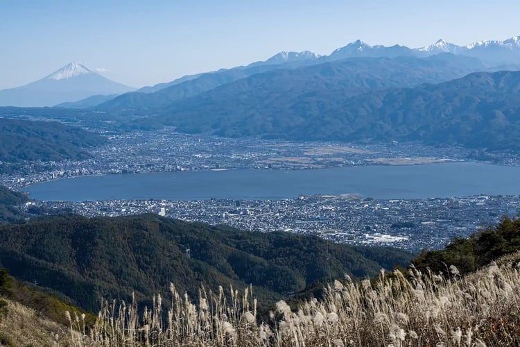 Autumn View of Mt. Fuji and Lake Suwa from Takabocchi Highlands