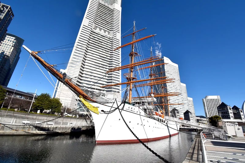 The Nippon Maru and the Landmark Tower in Yokohama