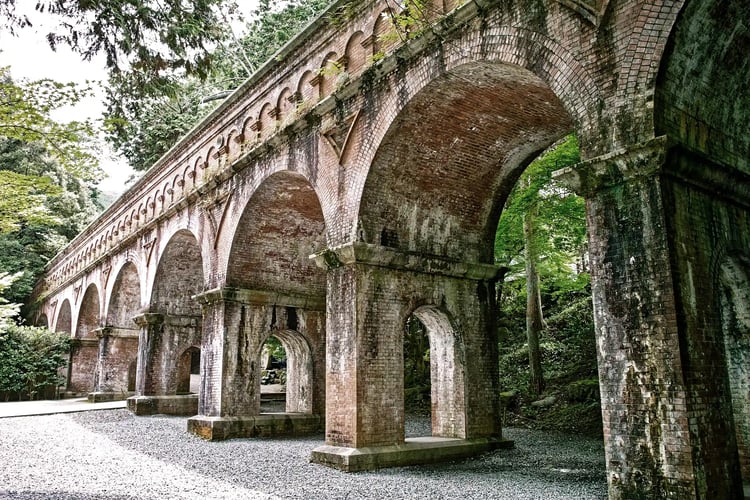 The Lake Biwa Canal was built in the Meiji era to transport water and goods from Lake Biwa to Kyoto
