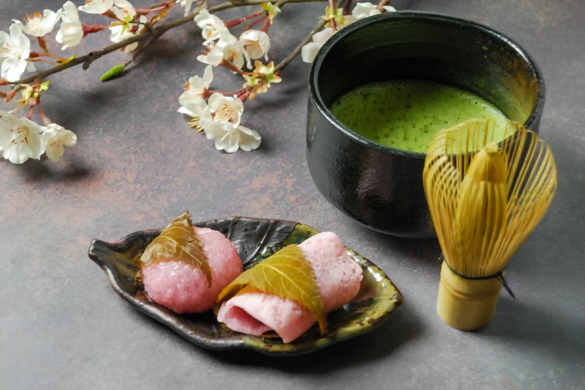 Sakuramochi (cherry blossom rice cake) and Japanese tea