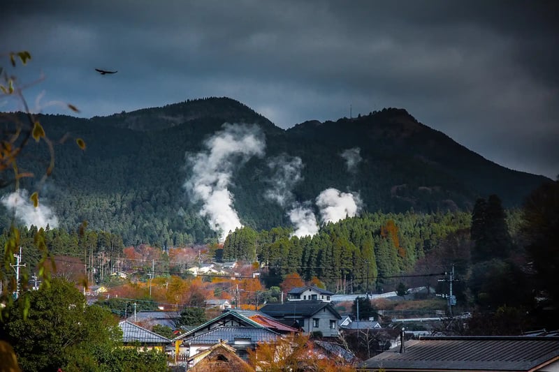 Breathtaking autumn views of Yufuin, with Mt. Yufu towering in the distance