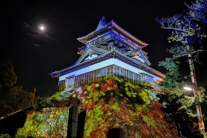 The magical projection mapping illuminating Maruoka Castle beneath the moonlight