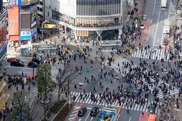 A high-angle view of Shibuya Scramble Crossing