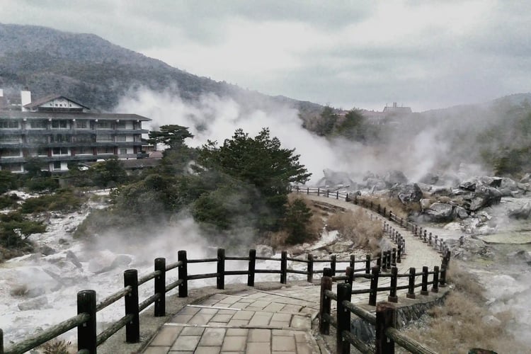 The Landscape of Unzen Onsen Steam and Nature