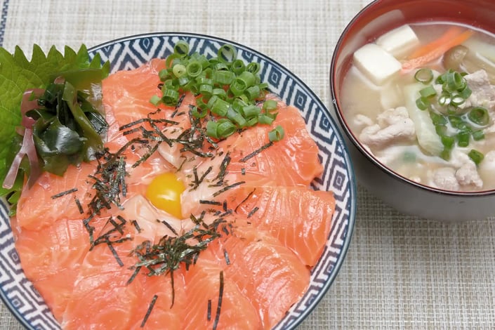 Salmon Bowl and Tonjiru (Pork & Vegetable Miso Soup)