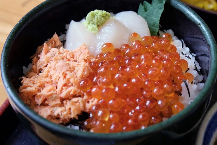 A Traditional Hokkaido Seafood Bowl (Kaisendon) Topped with Fresh Raw Fish