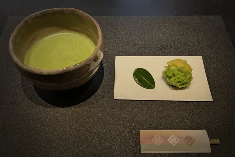 Matcha (powdered green tea) and Nerikiri (traditional Japanese wagashisweet)