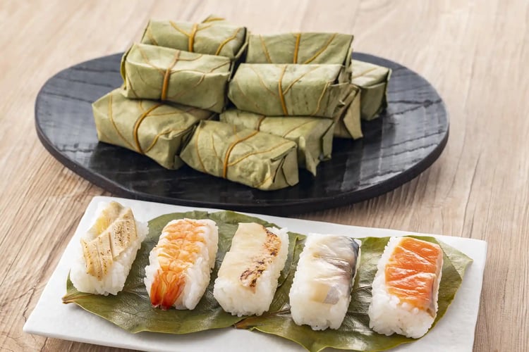 Traditional Kakinoha-zushi (Sushi Wrapped in Persimmon Leaves)