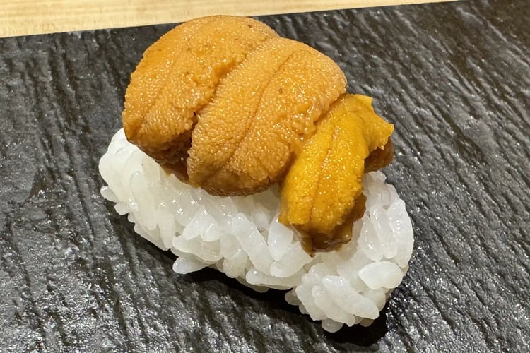 Nigiri Sushi topped with Sea Urchin (Uni) and Snow Crab (Zuwai-gani)