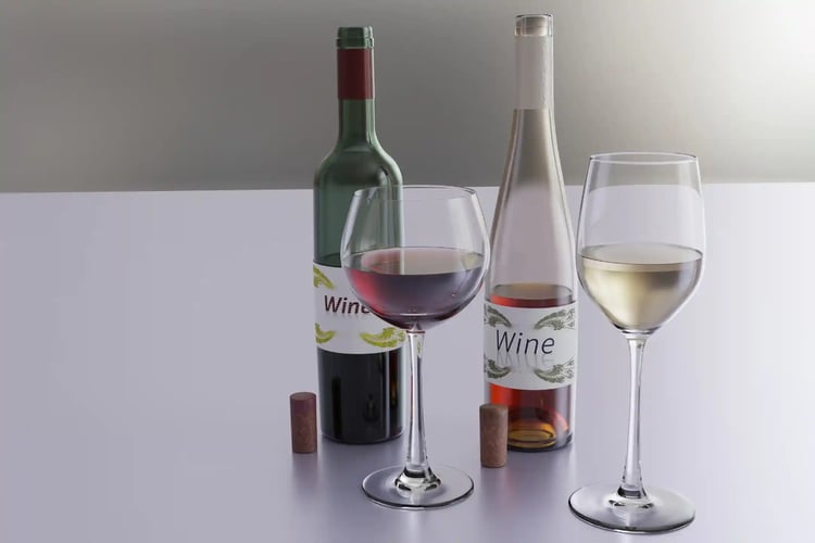 Bottles and Glasses of Red and White Wine